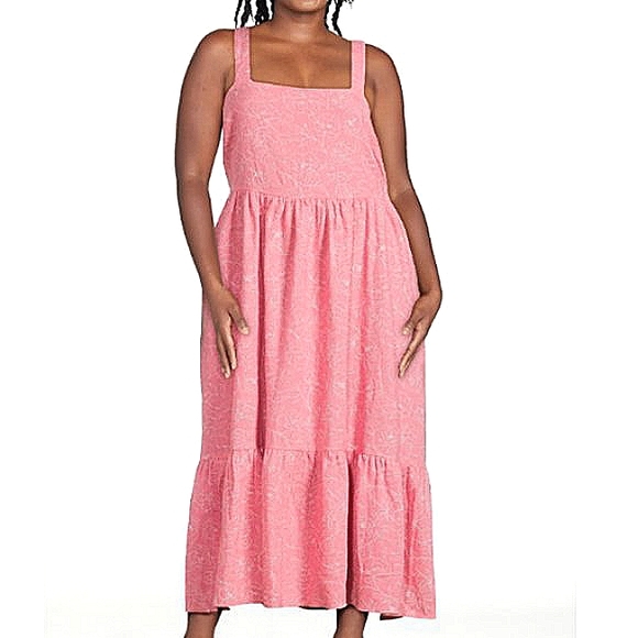 Preppy Beach Summer Printed Pink Linen Dress Flowy Midi with pockets - Picture 7 of 12
